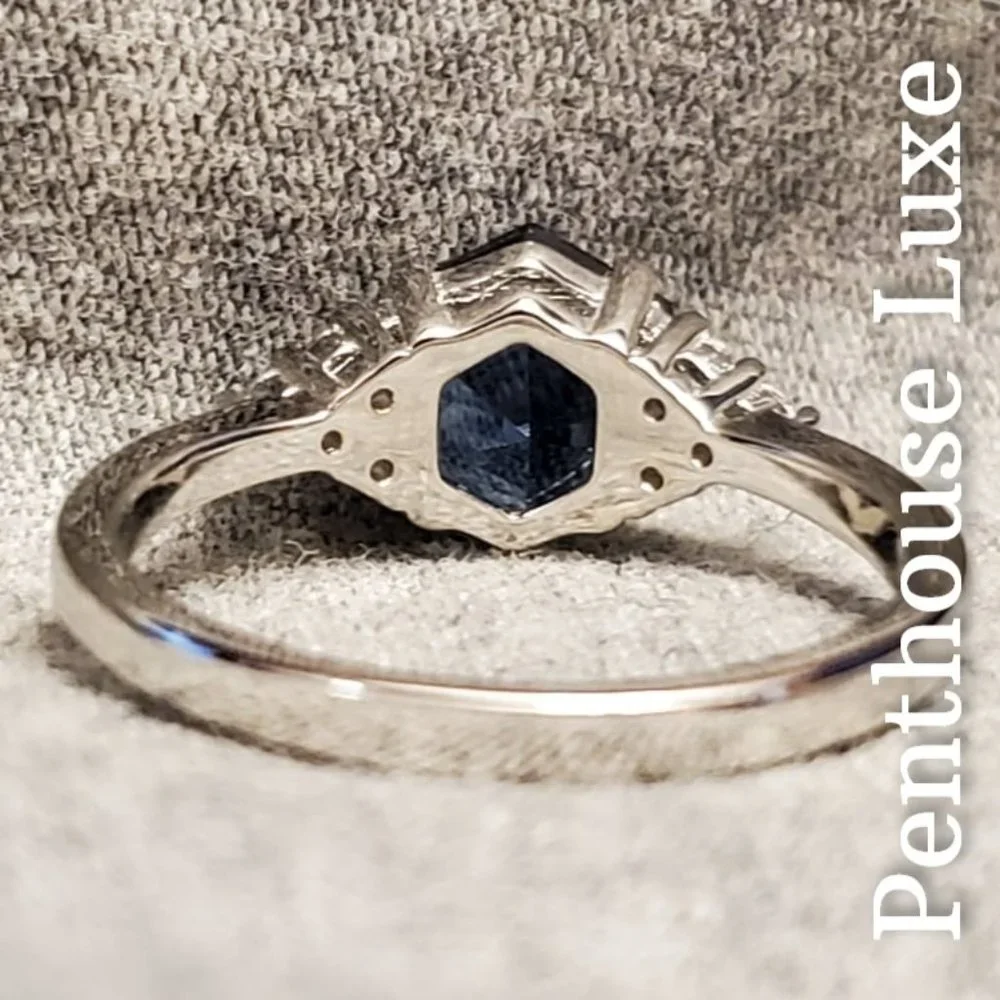 SOLID 925 Sterling Silver London Blue Topaz Hexagon White Topaz Ring